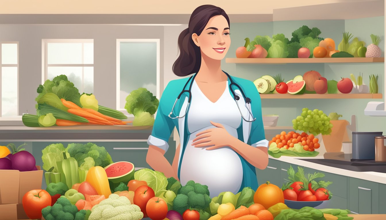 A pregnant woman surrounded by fresh fruits, vegetables, and lean meats, with a doctor's approval in the background