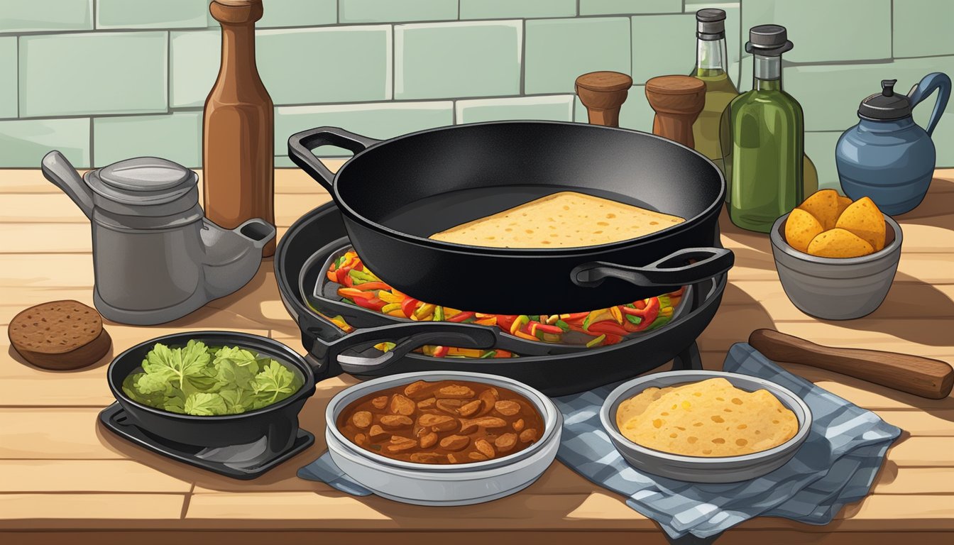 A kitchen counter with a cast iron skillet, barbecue smoker, tortilla press, chili pot, and other essential Texan cooking tools