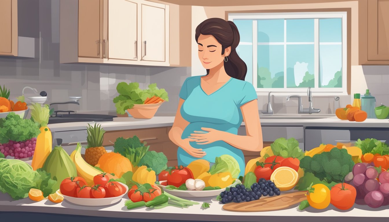 A pregnant woman preparing a colorful Mediterranean meal surrounded by fresh fruits, vegetables, and whole grains, with a doctor's approval in the background