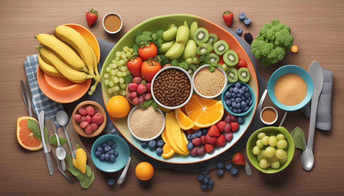 A colorful plate filled with various fruits, vegetables, whole grains, and lean proteins, surrounded by measuring cups and spoons to represent portion control and balanced nutrition