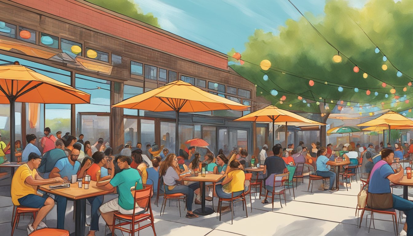 A bustling outdoor patio at Torchy's Tacos, with colorful umbrellas, happy diners, and a lively atmosphere