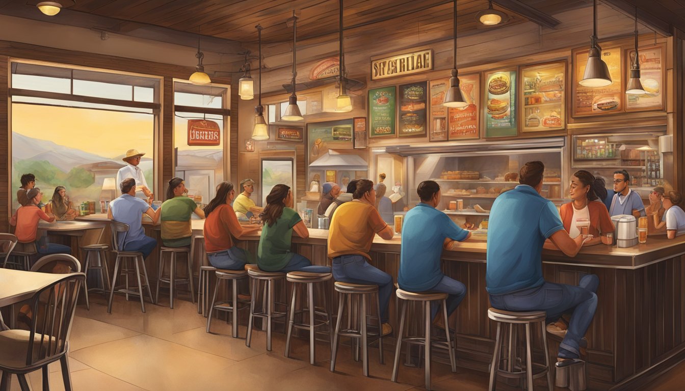 A bustling Texas burger joint with a variety of drinks on the menu. Tables filled with patrons enjoying their burgers and sipping on refreshing beverages