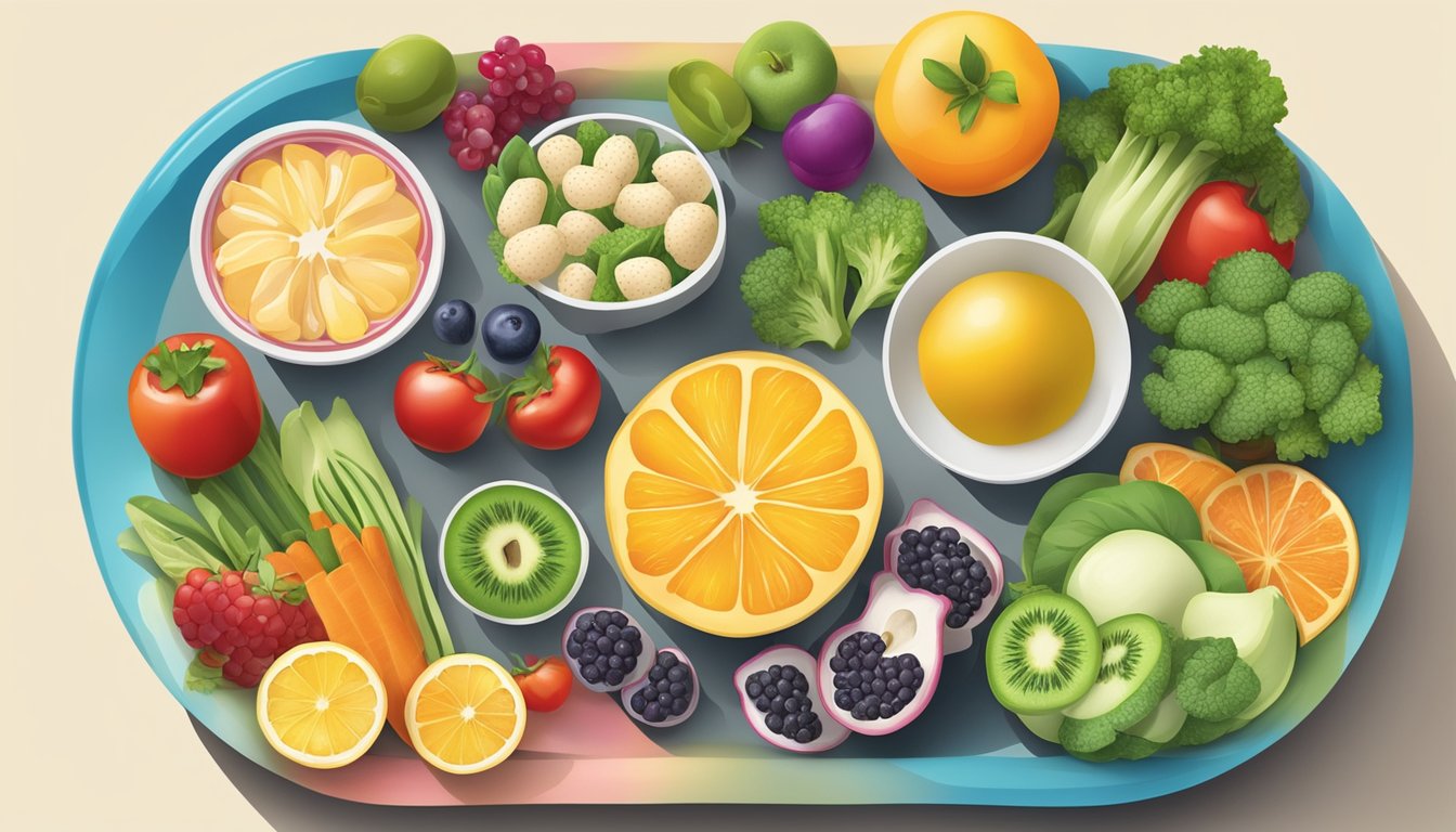 A variety of healthy, colorful foods arranged on a plate, with a focus on lean proteins, fruits, and vegetables