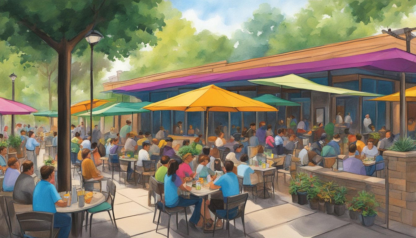 A bustling outdoor patio with colorful umbrellas and a line of people waiting for breakfast tacos at The Original Ninfa's on Navigation in Houston