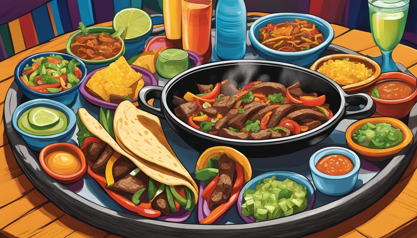 A sizzling skillet of fajitas surrounded by colorful plates and glasses at El Tiempo Cantina in Houston, Texas