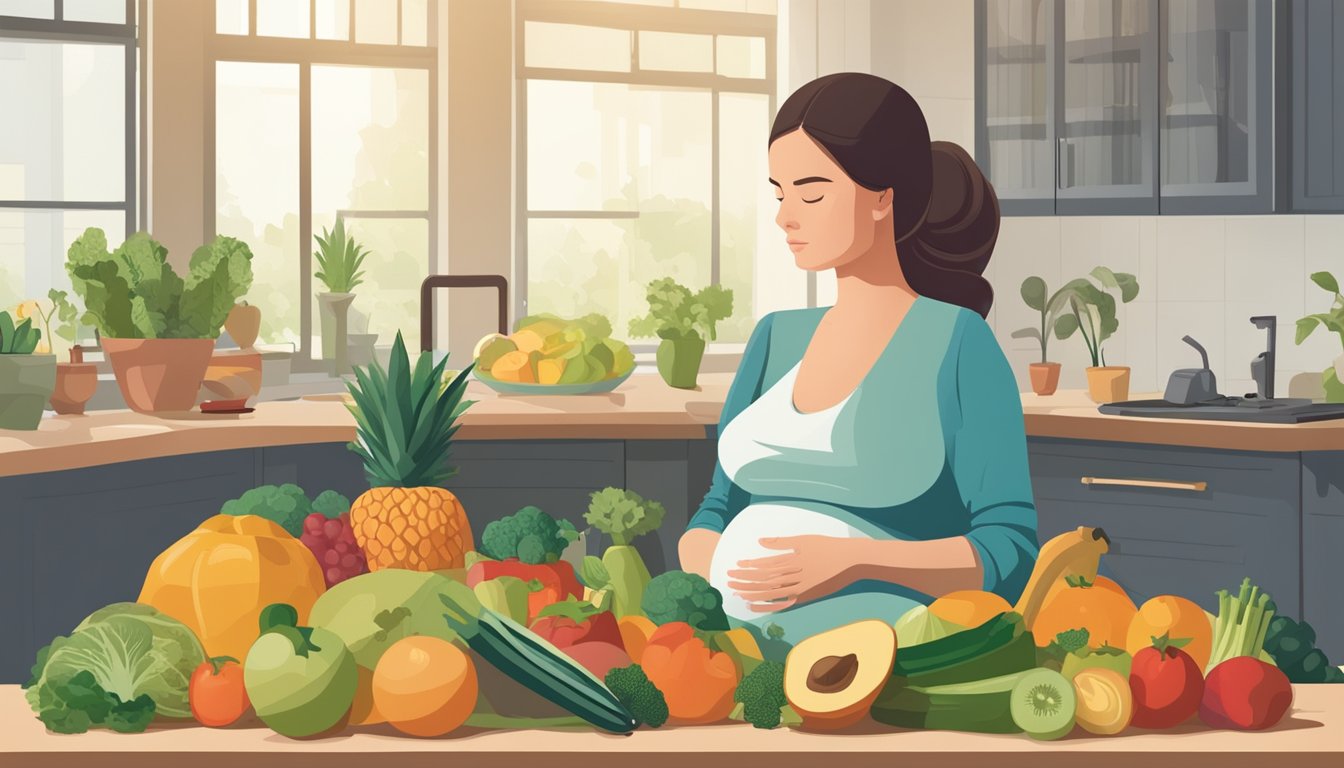 A pregnant woman sits at a table surrounded by various fruits, vegetables, and measuring tools. She looks contemplative as she considers the potential risks and benefits of following the volumetrics diet