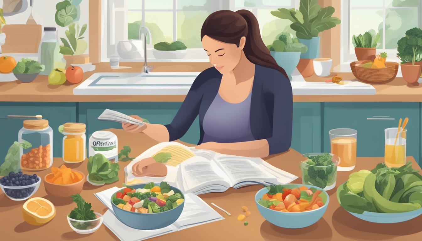 A pregnant woman reads a book on the Optavia Diet while sitting at a kitchen table with a variety of healthy foods and supplements laid out in front of her