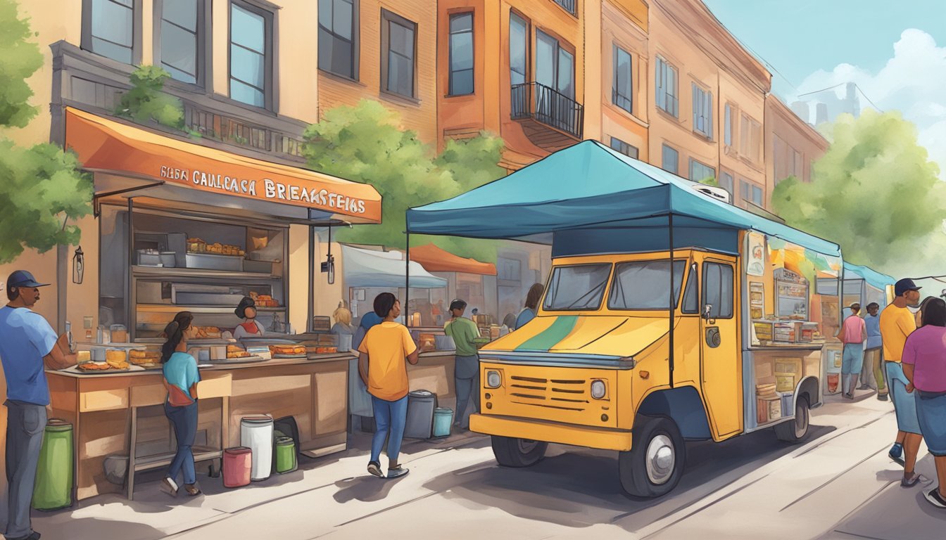 A bustling Texan street lined with colorful food trucks serving up steaming breakfast tacos to eager customers