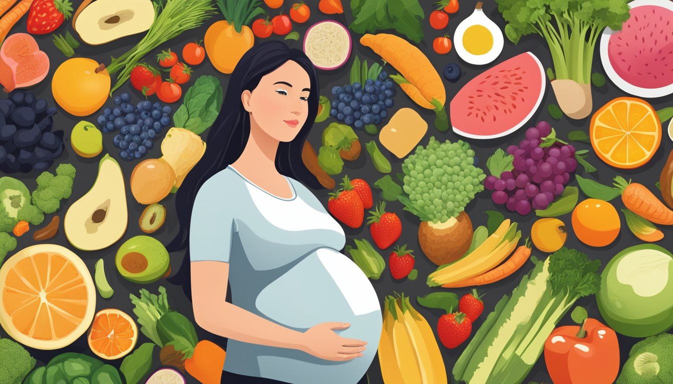 A pregnant woman surrounded by a variety of colorful, nutrient-dense foods, such as fruits, vegetables, lean proteins, and whole grains, arranged in a balanced and appealing manner