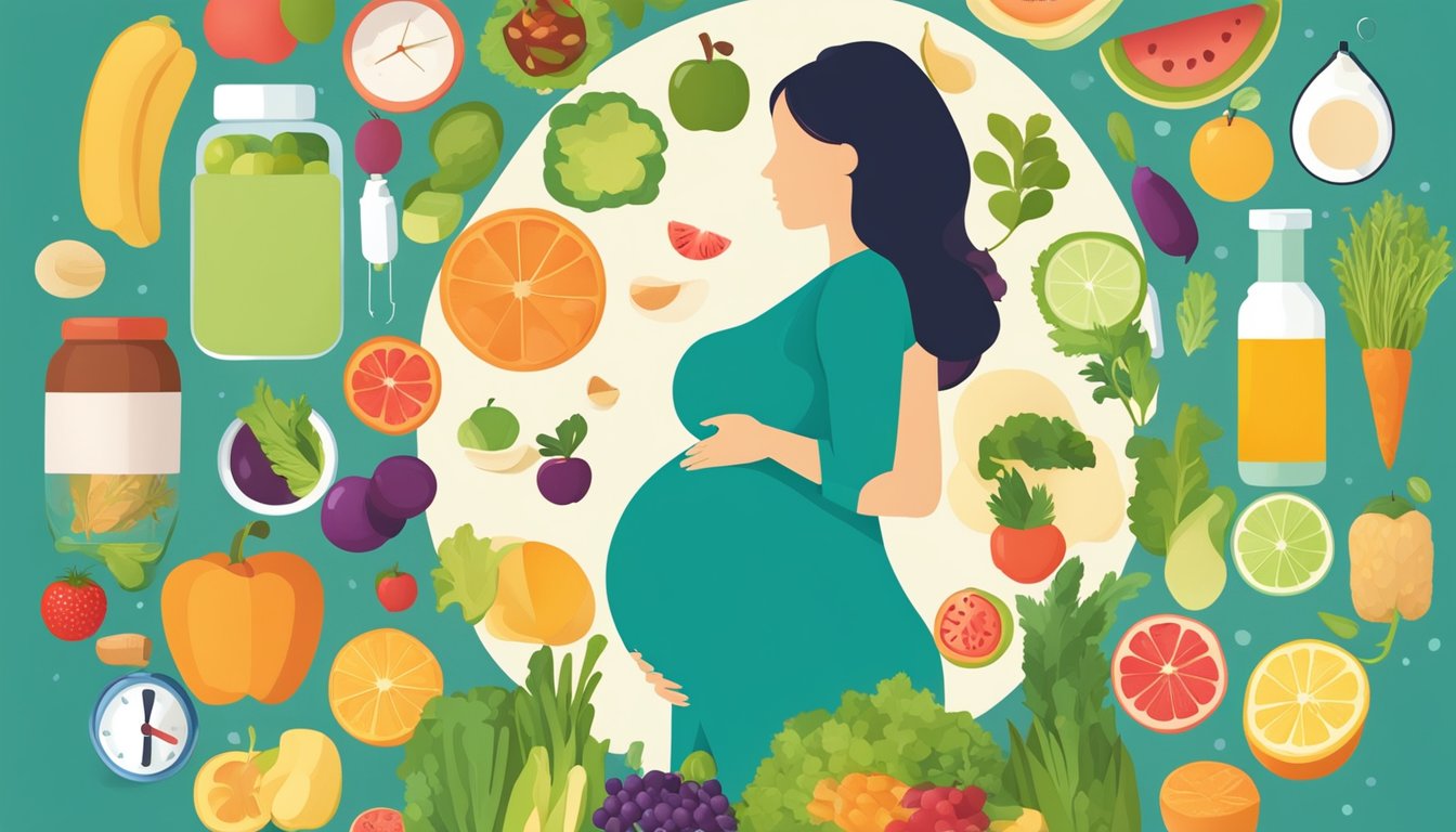 A pregnant woman's silhouette with a question mark hovering over her belly, surrounded by various healthy food items and a doctor's stethoscope