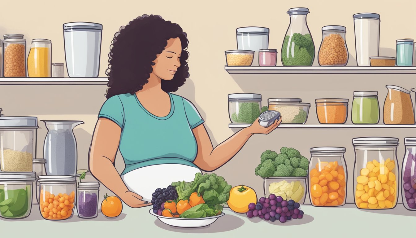 A pregnant woman looking at a variety of healthy foods arranged in portioned containers, surrounded by measuring cups and a scale