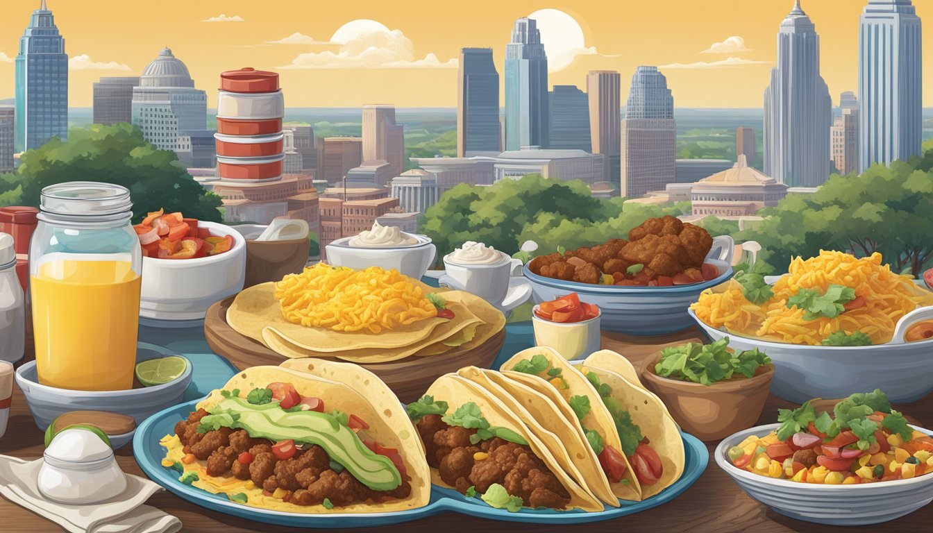 A colorful spread of breakfast taco ingredients and fillings, surrounded by iconic Texas landmarks and a bustling morning atmosphere