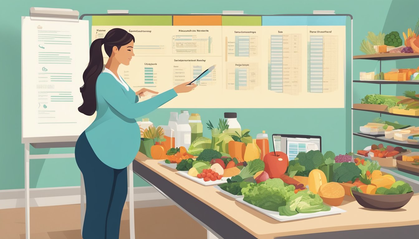 A pregnant woman stands in front of a table filled with healthy food options, while a doctor points to a list of recommended diets on a chart