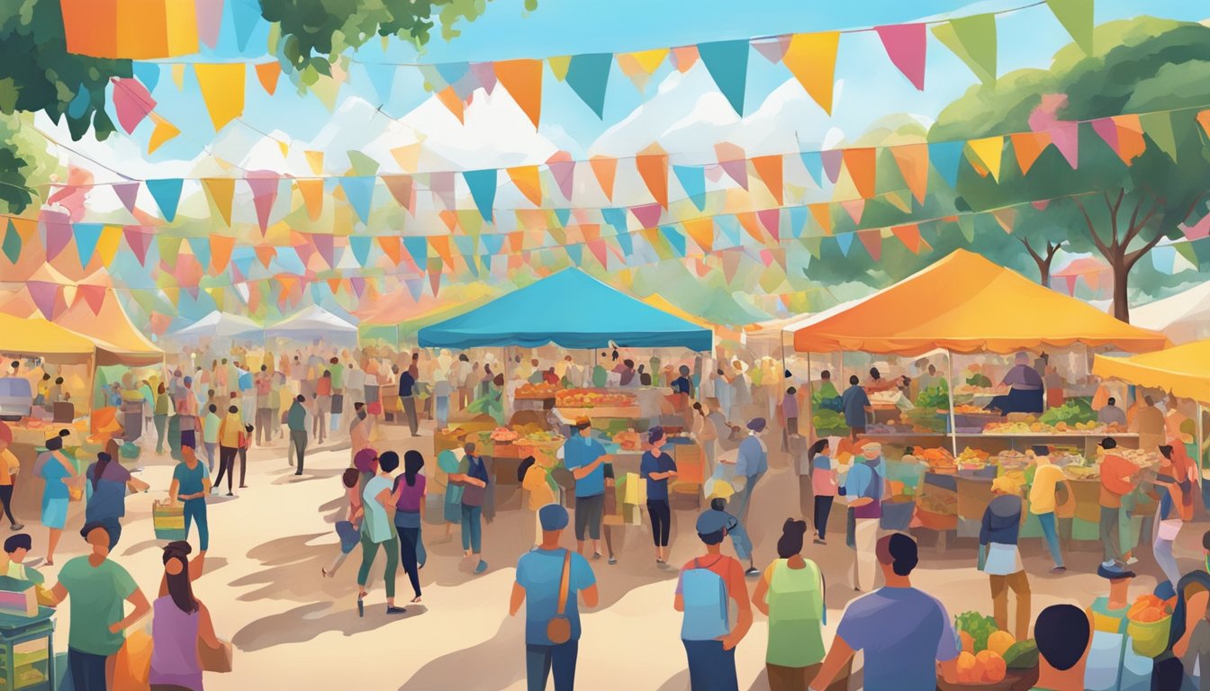 A bustling outdoor festival with colorful food vendors and lively music