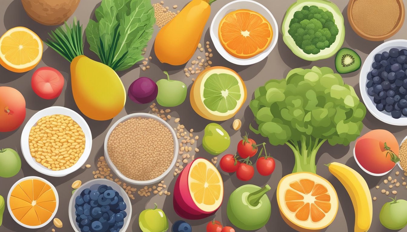 A colorful array of fruits, vegetables, whole grains, and lean proteins arranged on a table, with a glass of water and prenatal vitamins nearby