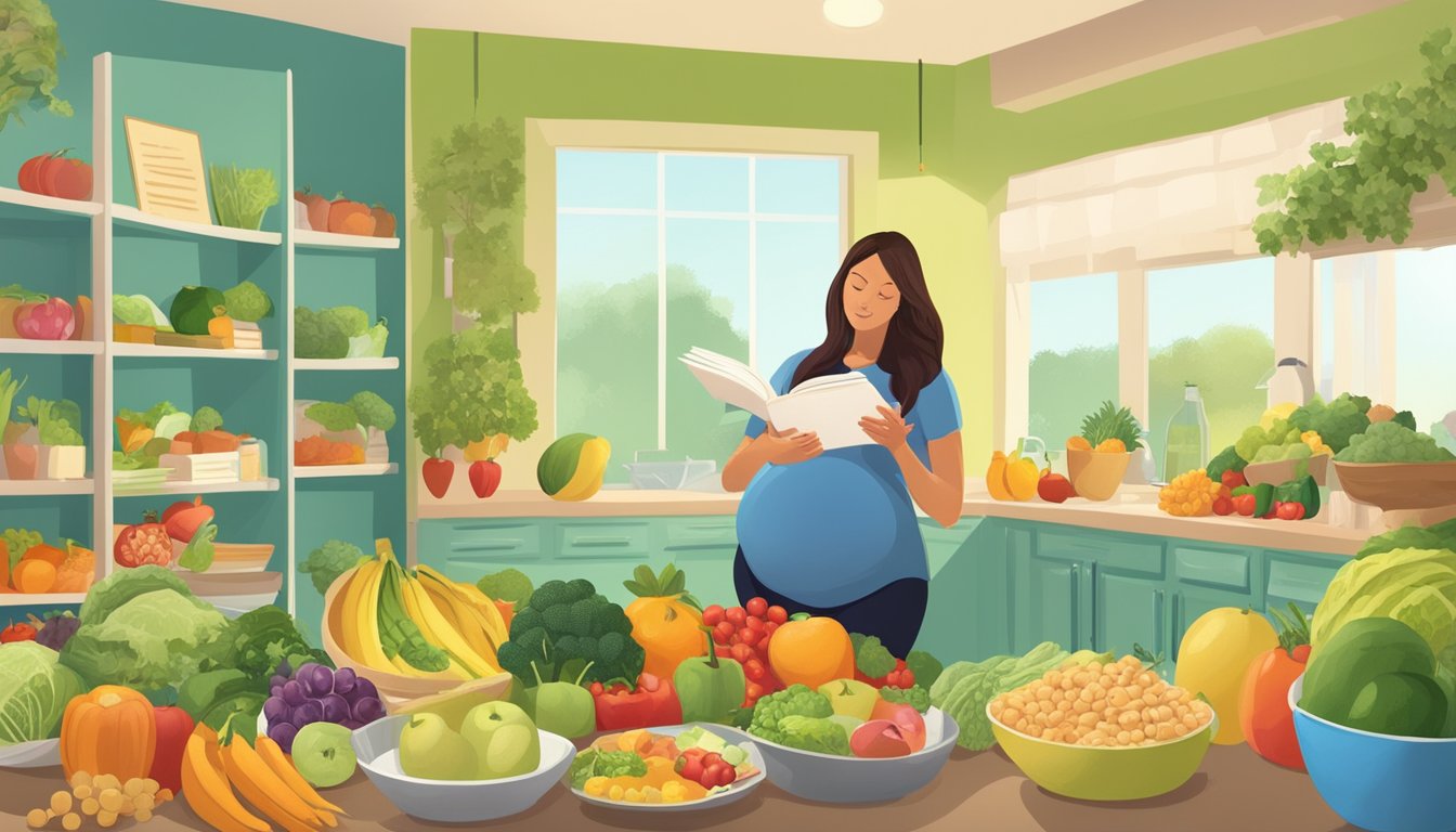 A pregnant woman reads a book on nutrition while surrounded by fruits, vegetables, and a variety of healthy foods. A doctor's office in the background suggests seeking professional advice