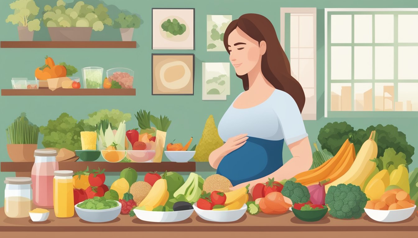 A pregnant woman standing in front of a table filled with various healthy food options, including fruits, vegetables, lean proteins, and whole grains