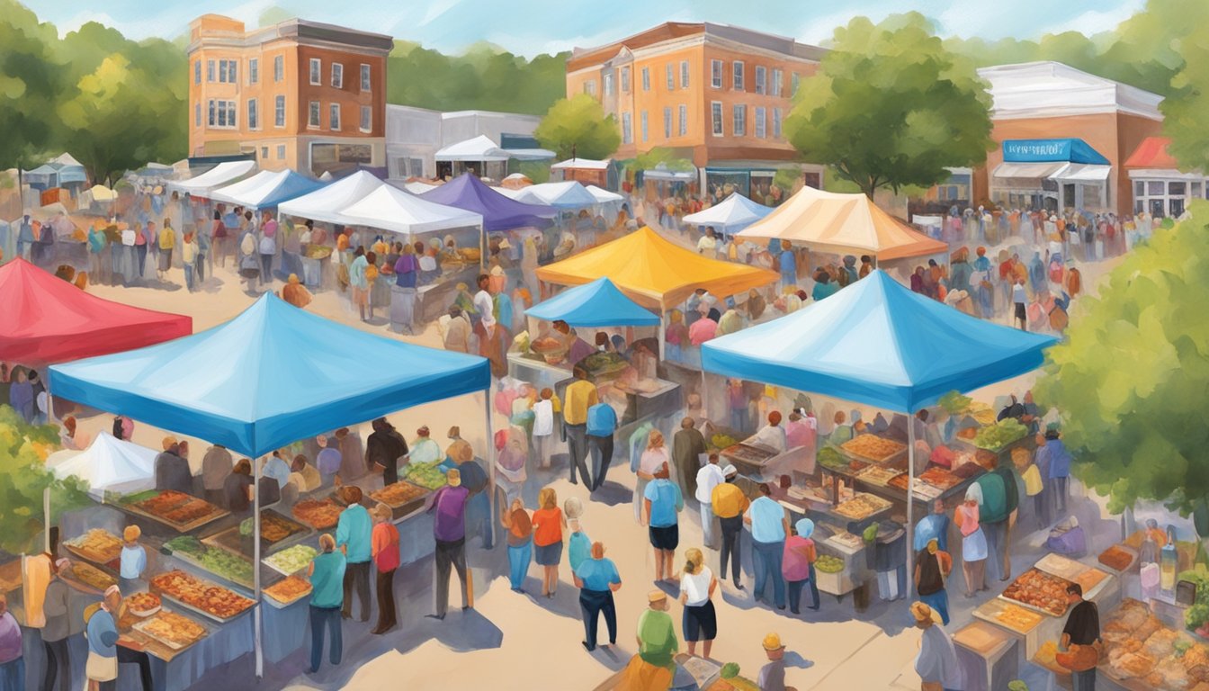 Crowds gather around colorful food and wine booths at the Fredericksburg Food & Wine Fest. The aroma of sizzling barbecue and the clinking of wine glasses fill the air