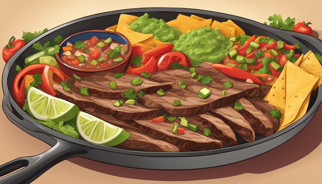 A sizzling skillet of fajitas with peppers, onions, and strips of marinated steak, surrounded by colorful bowls of salsa, guacamole, and fresh tortillas