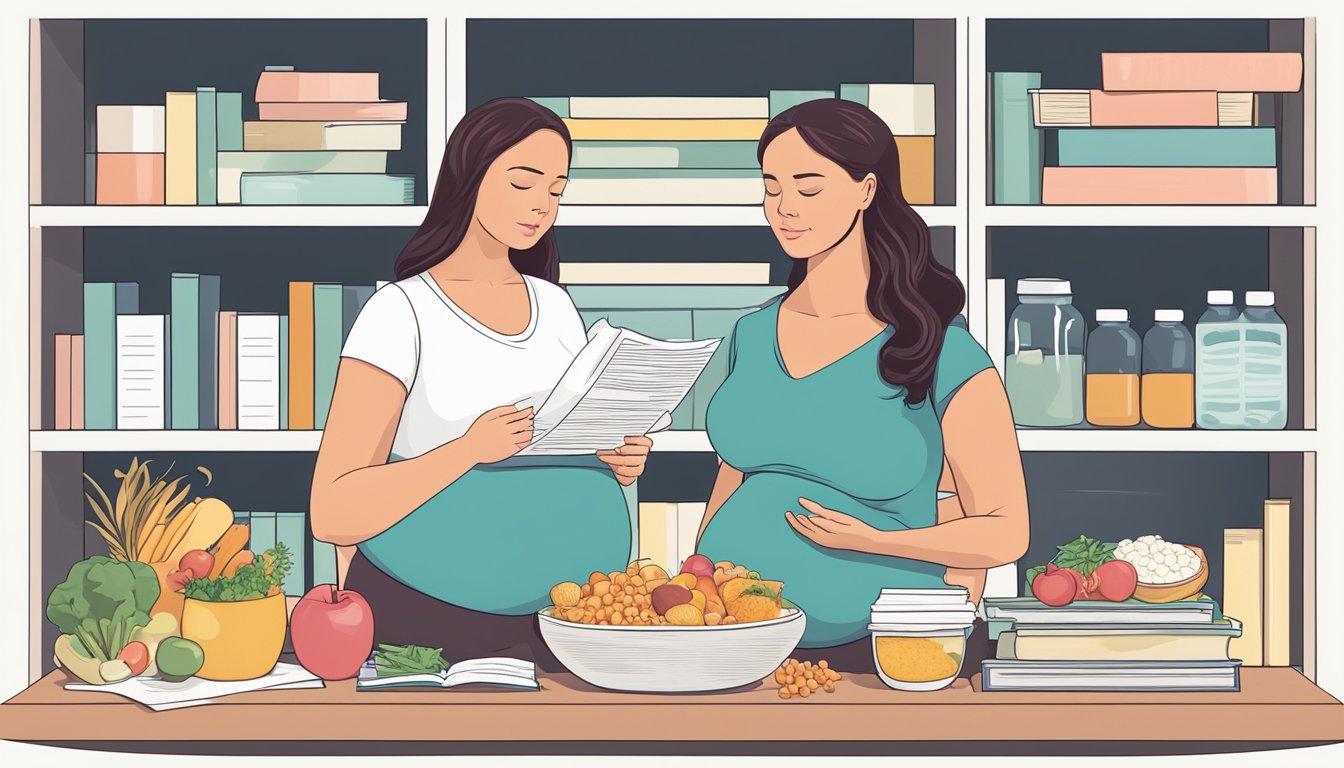 A pregnant woman looks at a list of foods, with a question mark above her head. She is surrounded by medical books and pregnancy guidelines