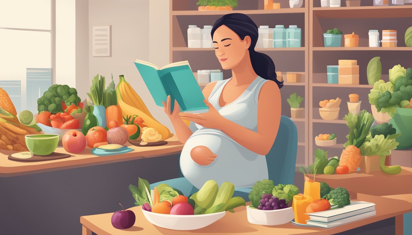 A pregnant woman reading a book on nutrition while surrounded by various healthy food options and a doctor's office in the background