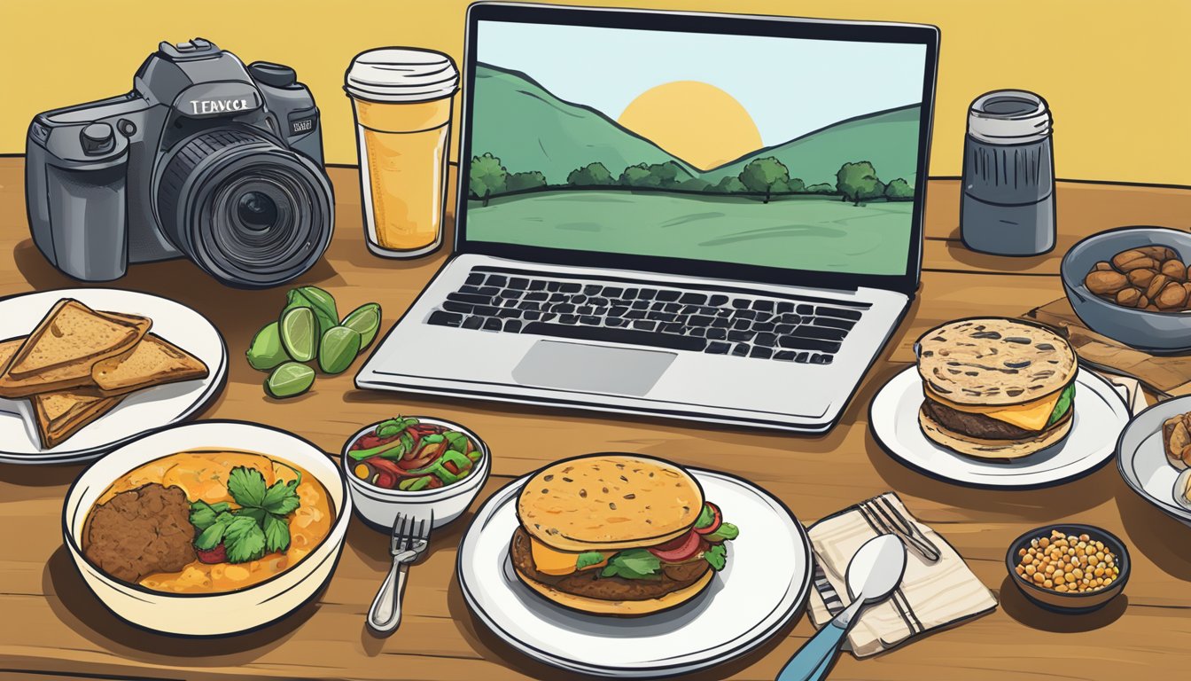 A table with various Texas food items, a laptop open to a food blog, and a camera for food photography