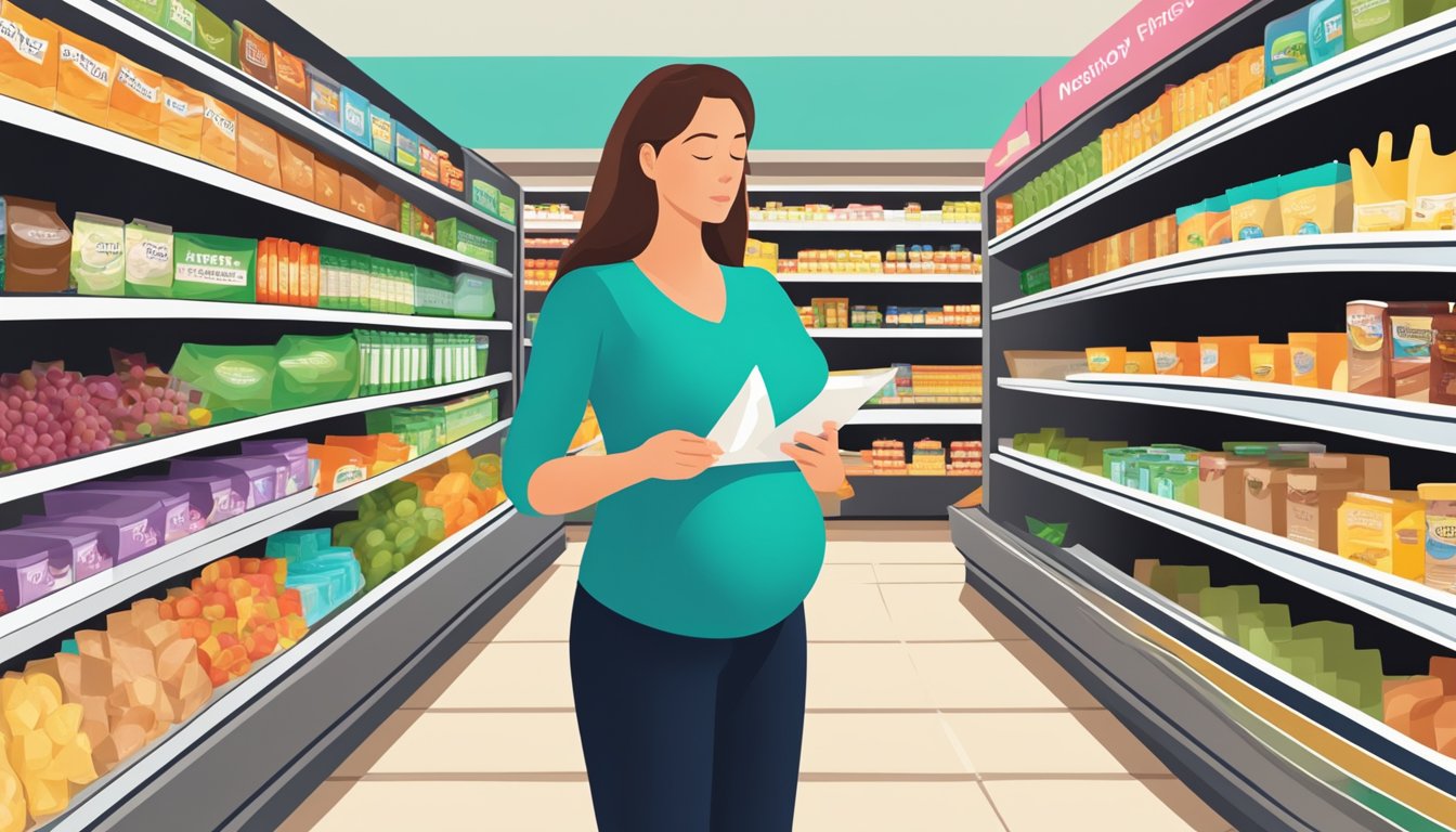 A pregnant woman reads a nutrition label while standing in a grocery store aisle. She looks concerned as she considers her dietary choices