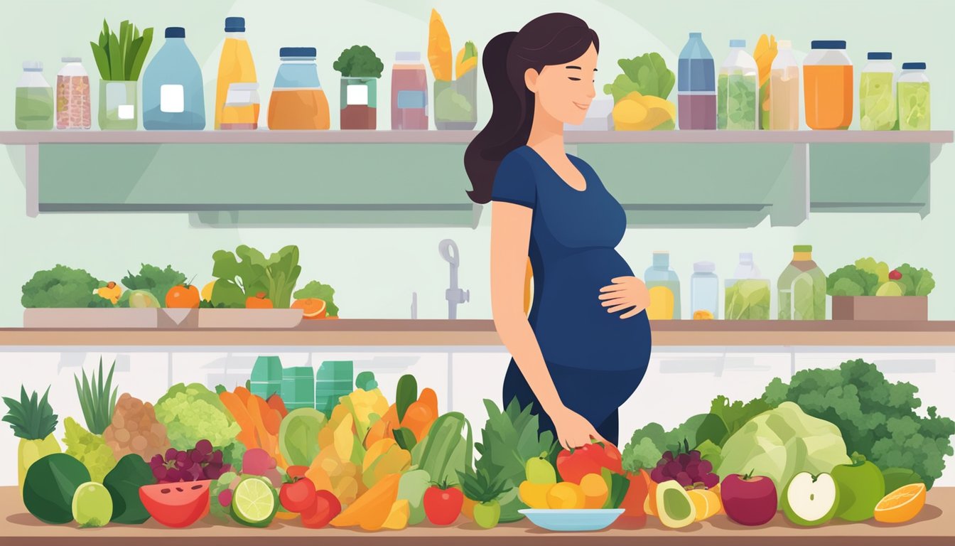 A pregnant woman standing in front of a variety of healthy foods and drinks, including fruits, vegetables, and water, while holding a container of Slim Fast