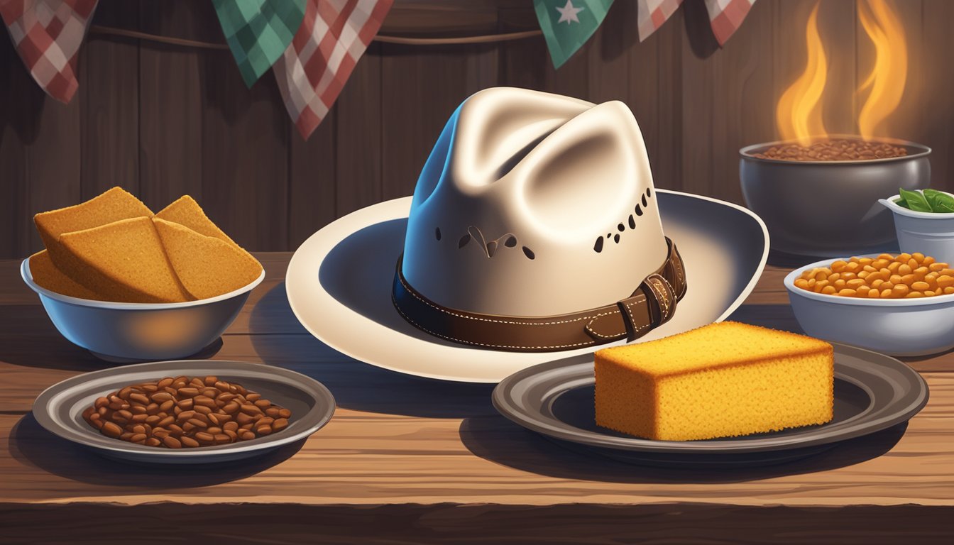 A cowboy hat rests on a wooden table, surrounded by a plate of barbecue, cornbread, and beans, with a lone star in the center