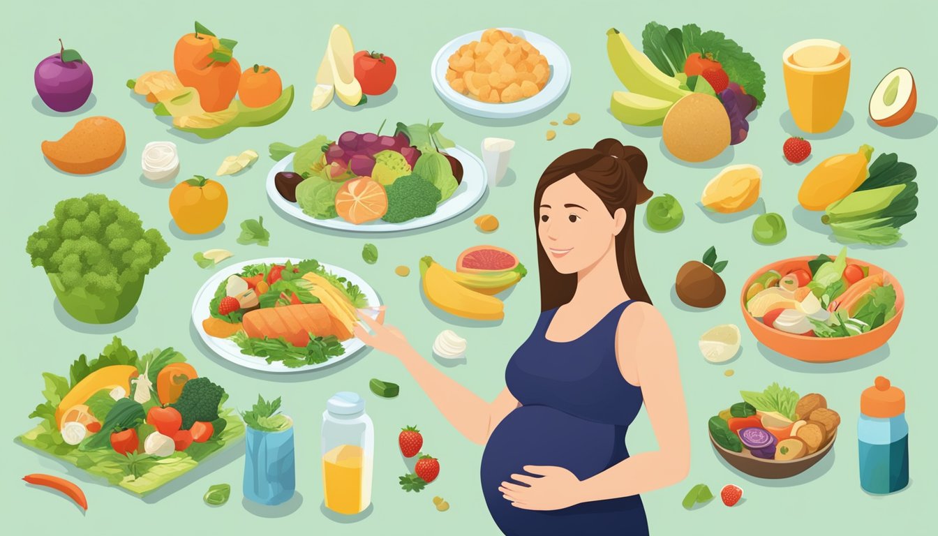 A pregnant woman surrounded by various healthy food options, with a doctor advising against the slim fast diet