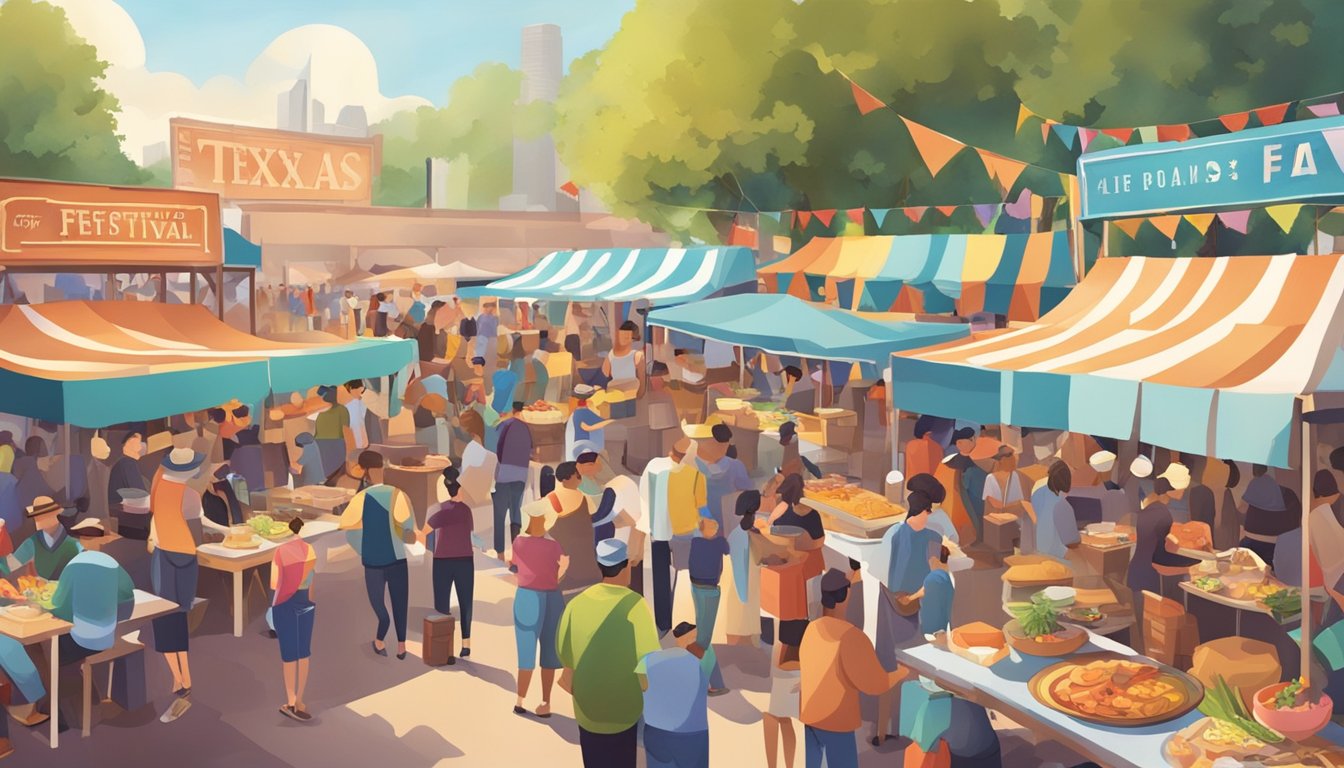 A bustling Texas food festival with colorful stalls, lively music, and people enjoying a variety of traditional dishes