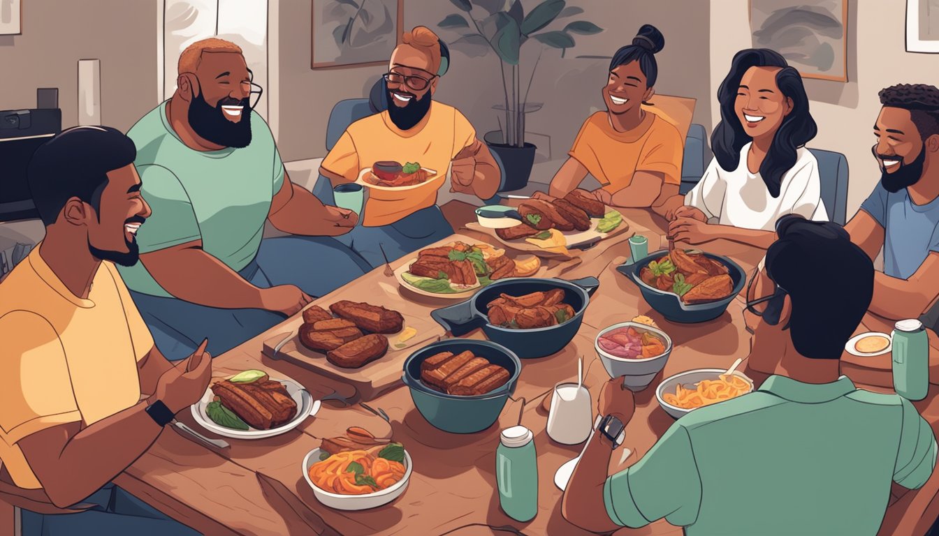 A group of people gathered around a table filled with various BBQ dishes, chatting and laughing while recording a podcast