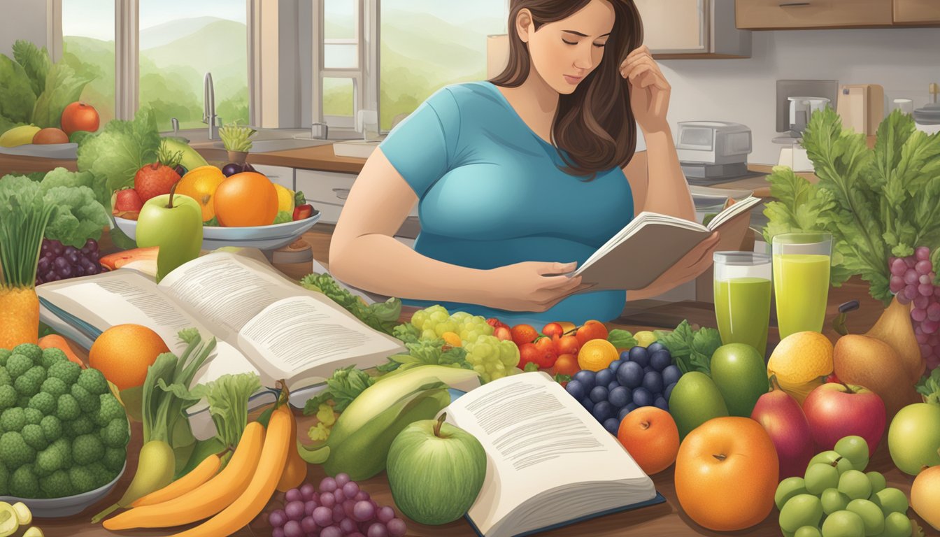 A pregnant woman reading a book on the Pritikin Diet while sitting at a table with a variety of fruits and vegetables displayed in front of her