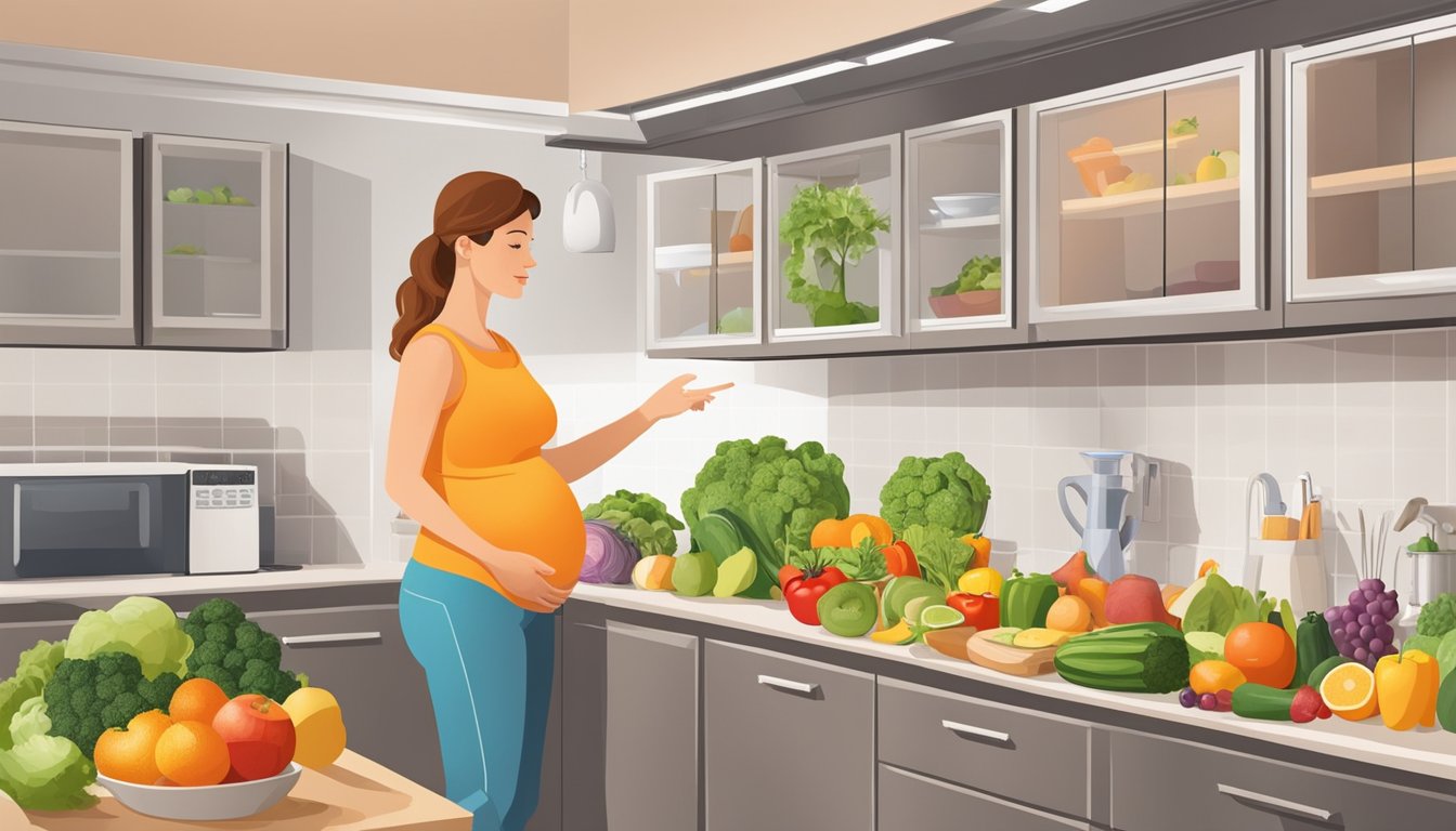 A pregnant woman standing in a kitchen, surrounded by fresh fruits, vegetables, and lean proteins. A nutritionist is pointing to a chart outlining the Zone Diet guidelines