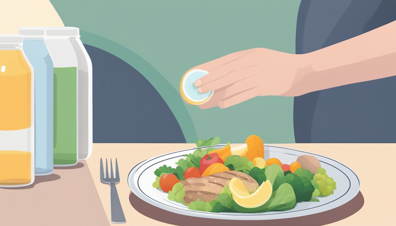 A pregnant woman's hand hesitating between a bottle of meal replacement shake and a plate of healthy, balanced food