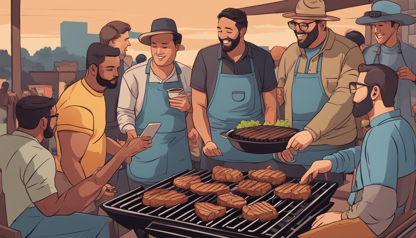 A group of people gather around a smoky grill, savoring the aroma of sizzling meat while listening to "The Best BBQ Show" podcast