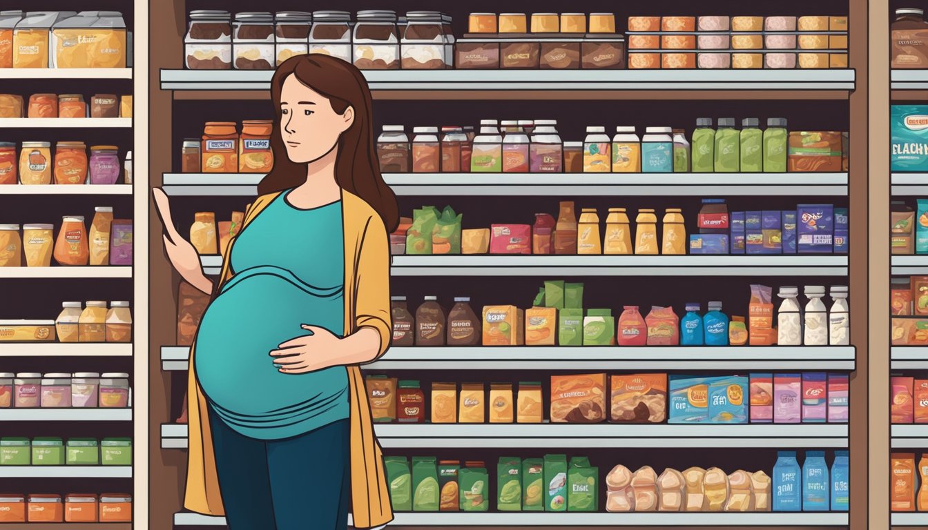 A pregnant woman stands in front of a shelf filled with various food products, including Slim Fast shakes and bars. She looks uncertain and concerned as she considers her options