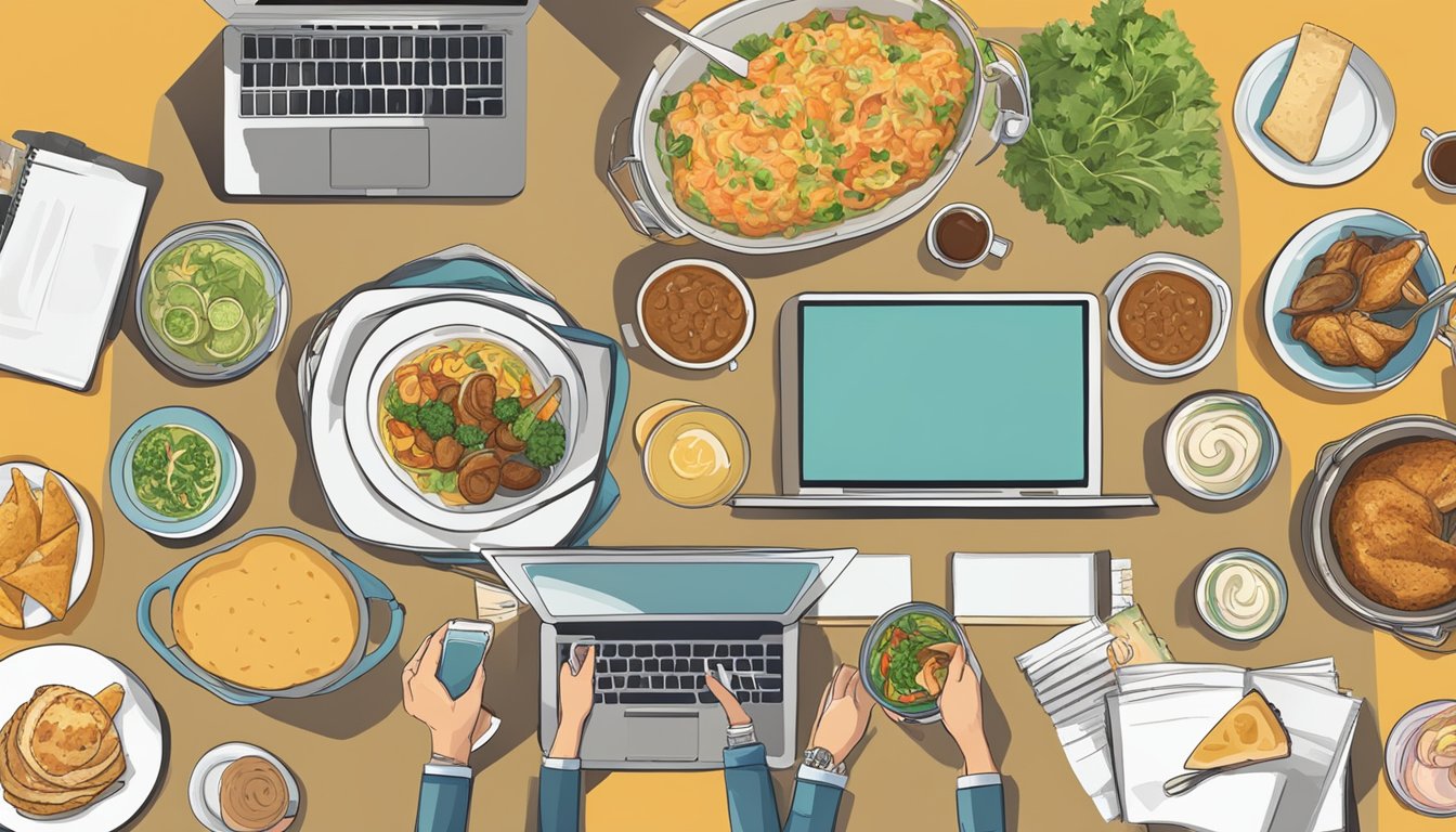 A table with a variety of Texan dishes, surrounded by ten laptops displaying different food blogs