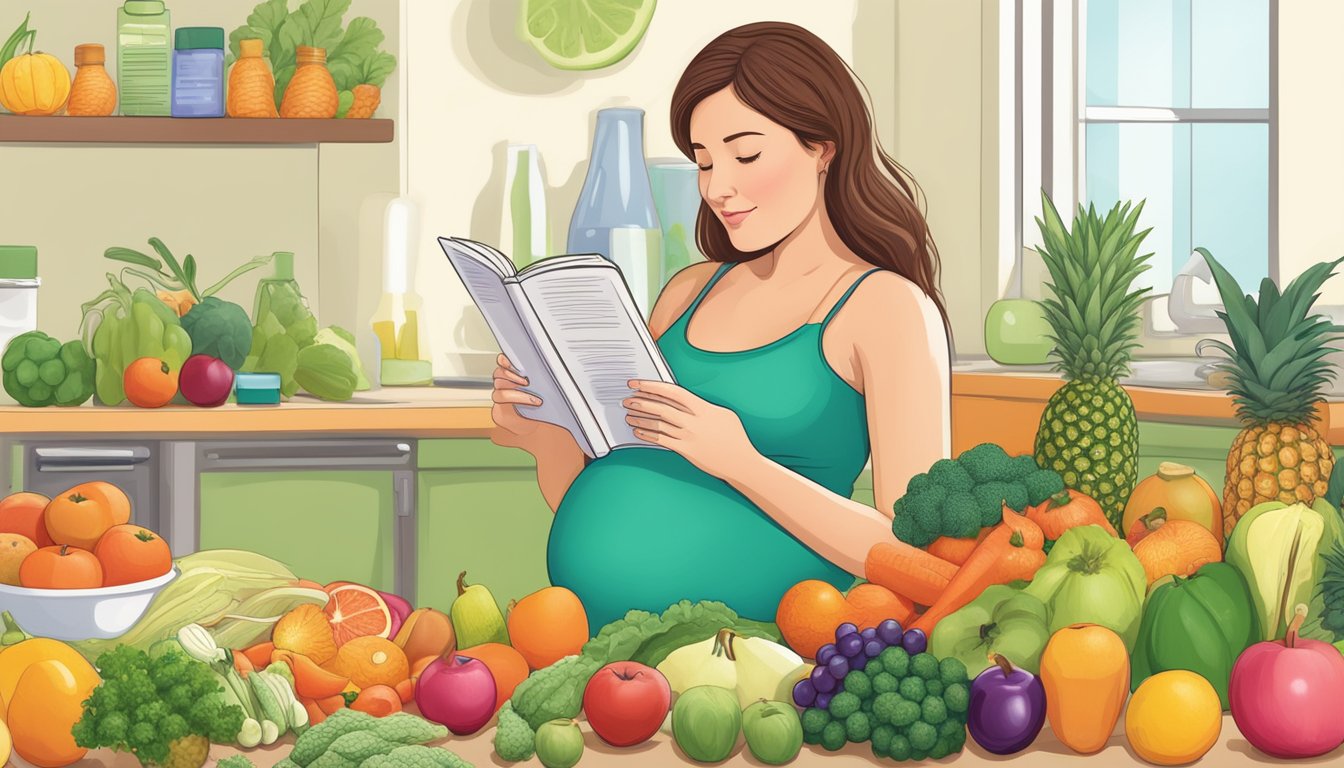 A pregnant woman reading a book on the Pritikin diet, surrounded by fruits, vegetables, and a prenatal vitamin bottle