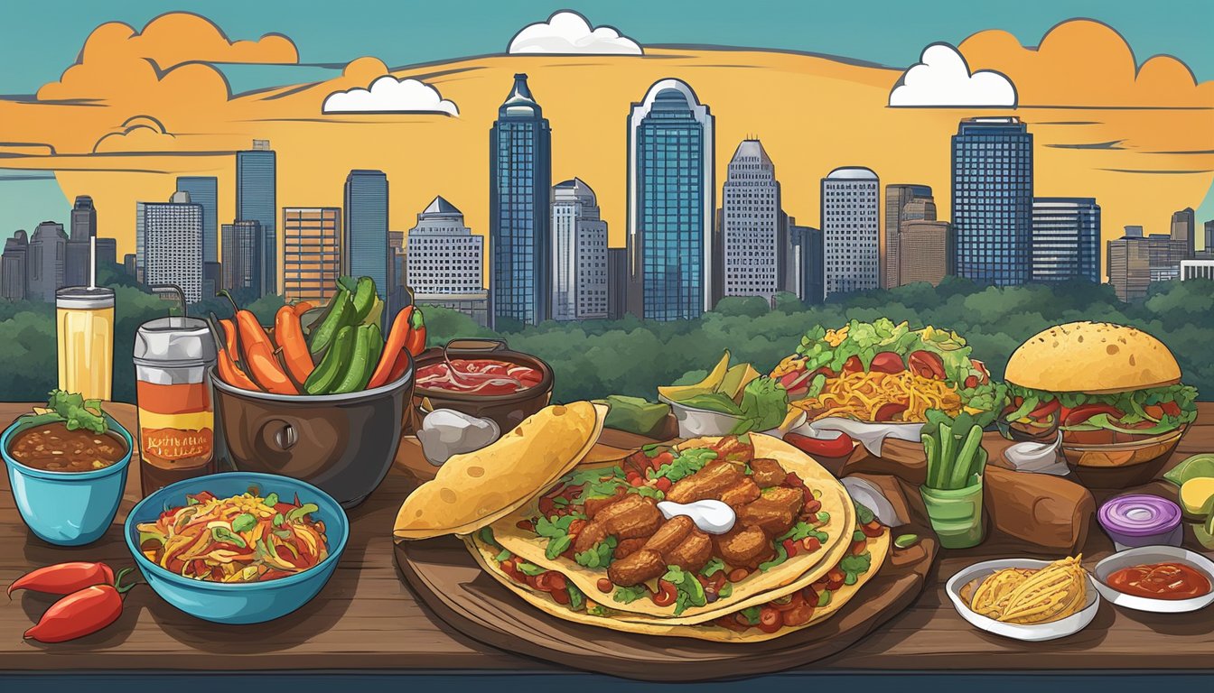 A microphone surrounded by iconic Texas food items like barbecue, tacos, and chili, with the Fort Worth skyline in the background