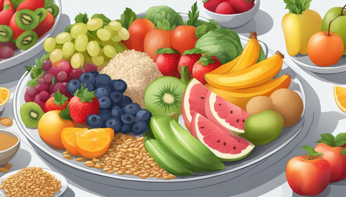 A colorful plate with a variety of fruits, vegetables, whole grains, and lean proteins arranged in a balanced and appealing manner