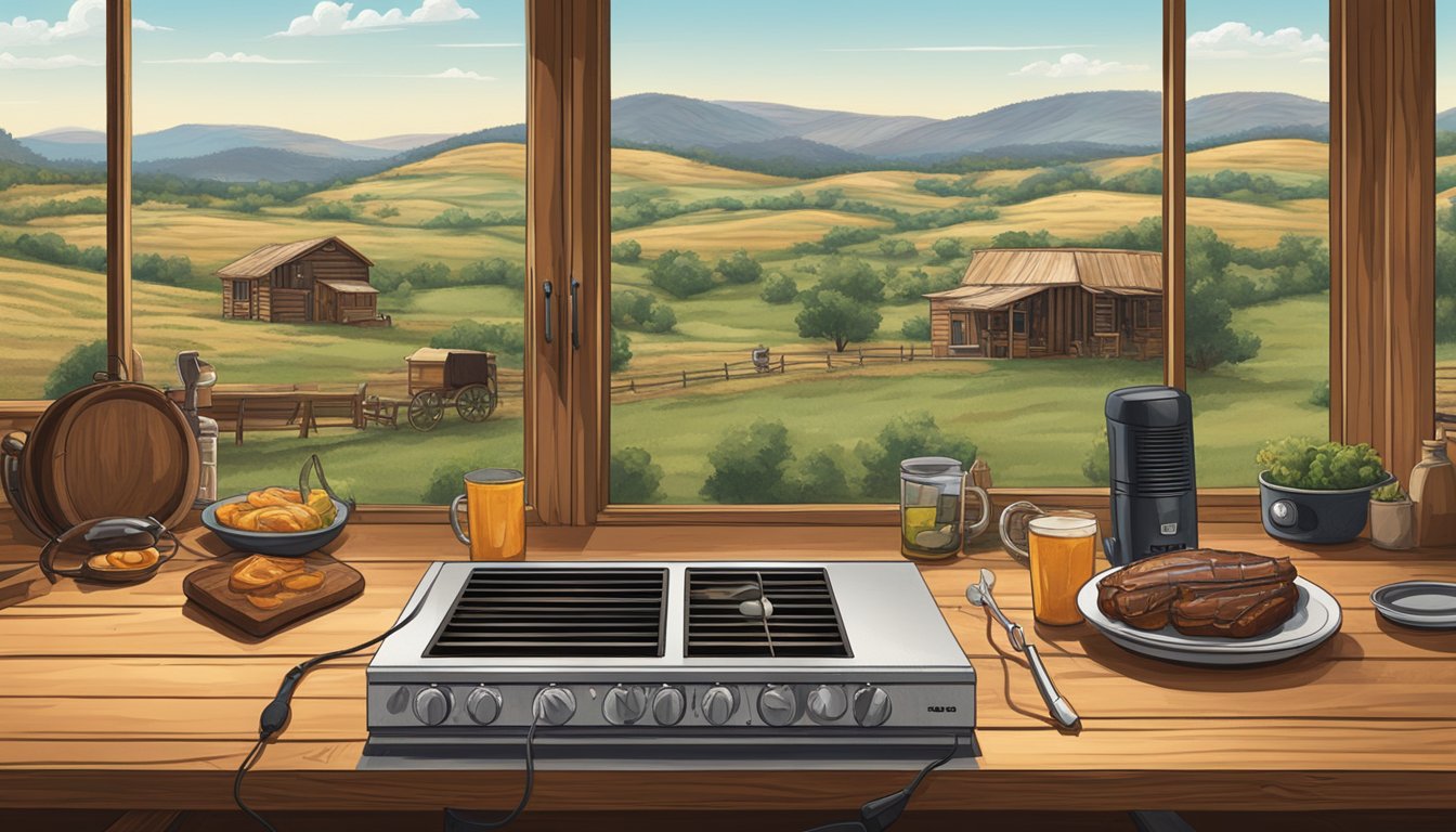 A rustic kitchen table with a microphone, headphones, and a plate of Texan barbecue. Windows overlook rolling hills and a lone cowboy rides by