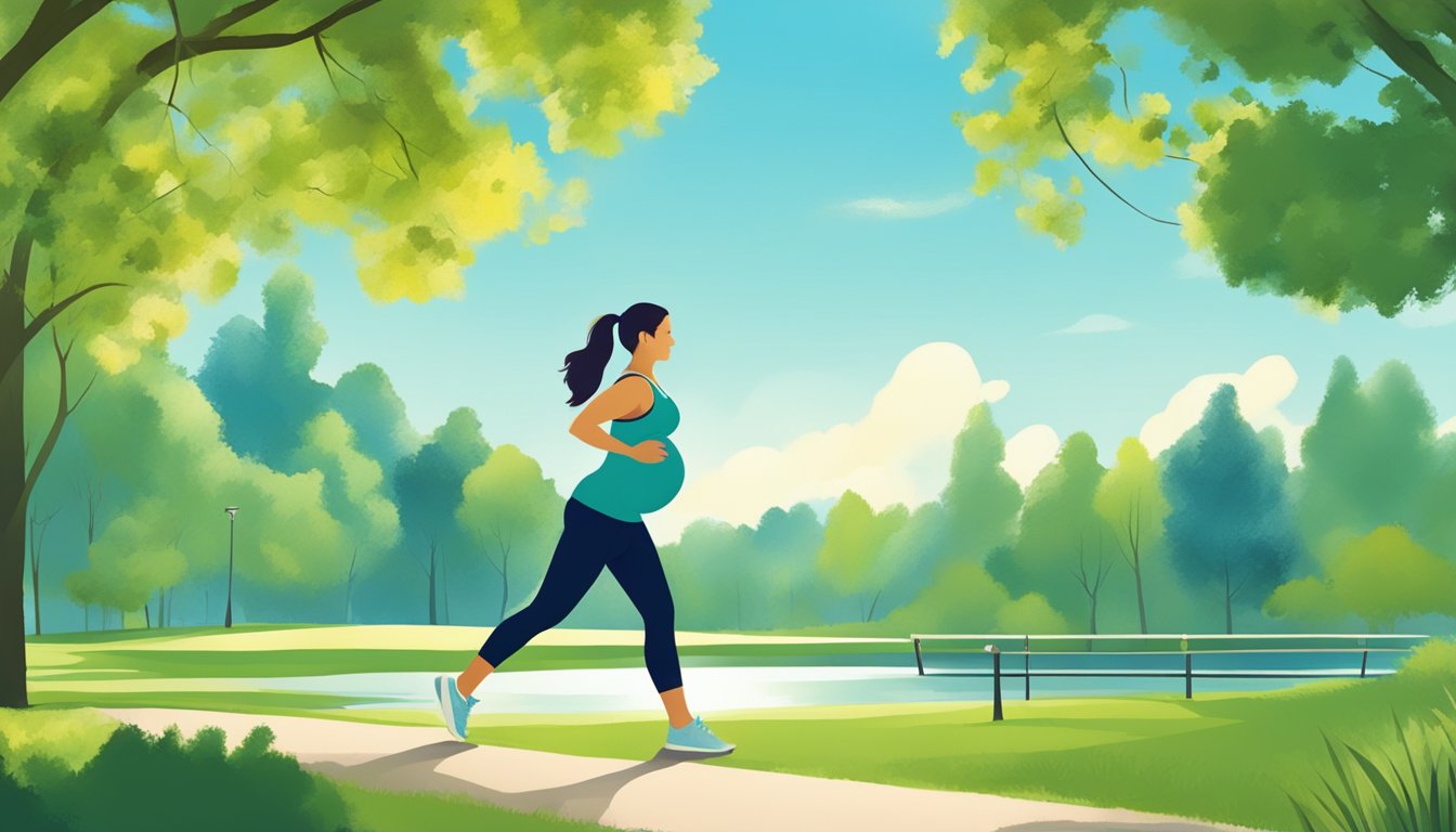 A pregnant woman doing light exercise in a park, surrounded by greenery and blue sky