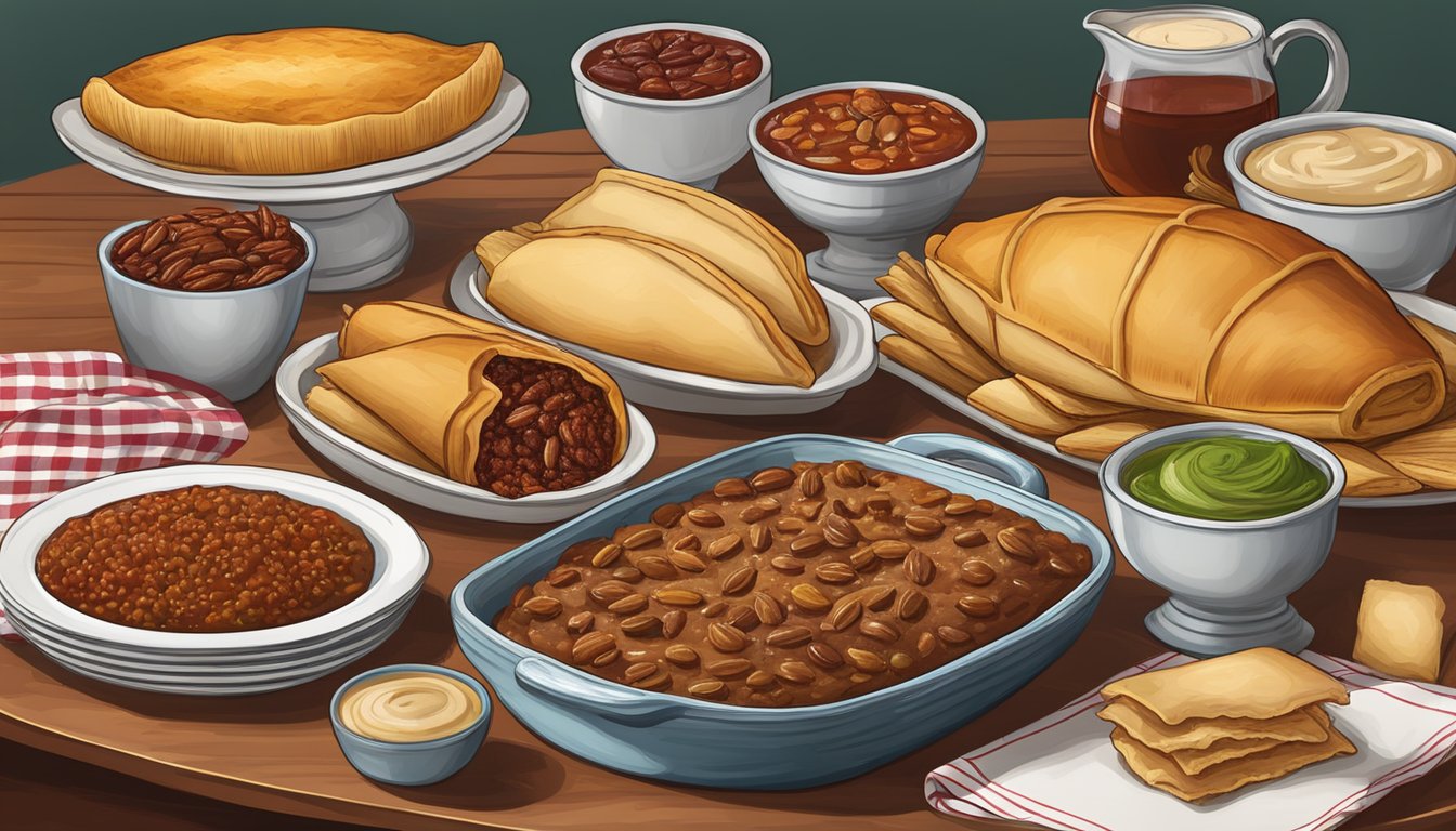 A festive table displays traditional Texas holiday dishes: tamales, pecan pie, smoked turkey, kolaches, and chili con carne