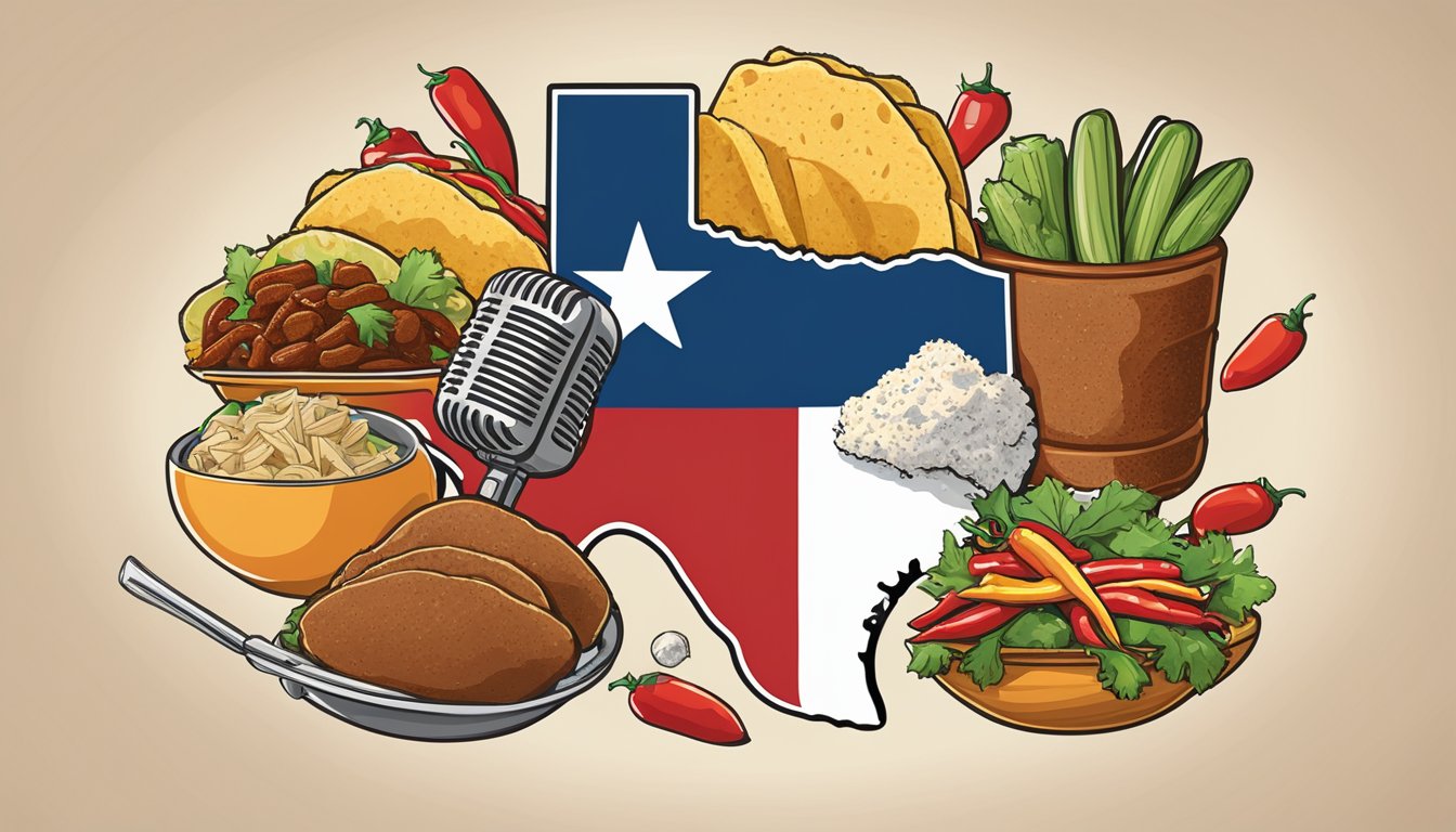 A microphone surrounded by iconic Texas food items like barbecue, tacos, and chili, with the Texas state flag in the background