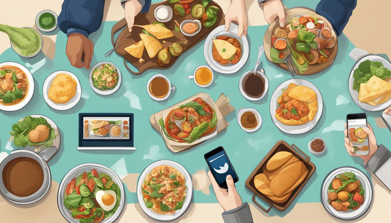 A table with a variety of Texan food dishes surrounded by digital devices displaying social media profiles of 10 food bloggers