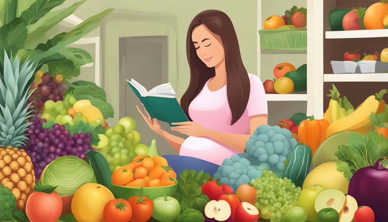 A pregnant woman reading a book on the Pritikin diet while surrounded by fruits, vegetables, and a doctor's approval