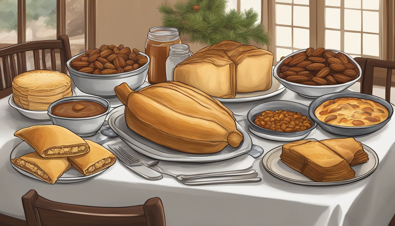 A festive table set with Texas holiday dishes, including tamales, pecan pie, chili, kolaches, and brisket