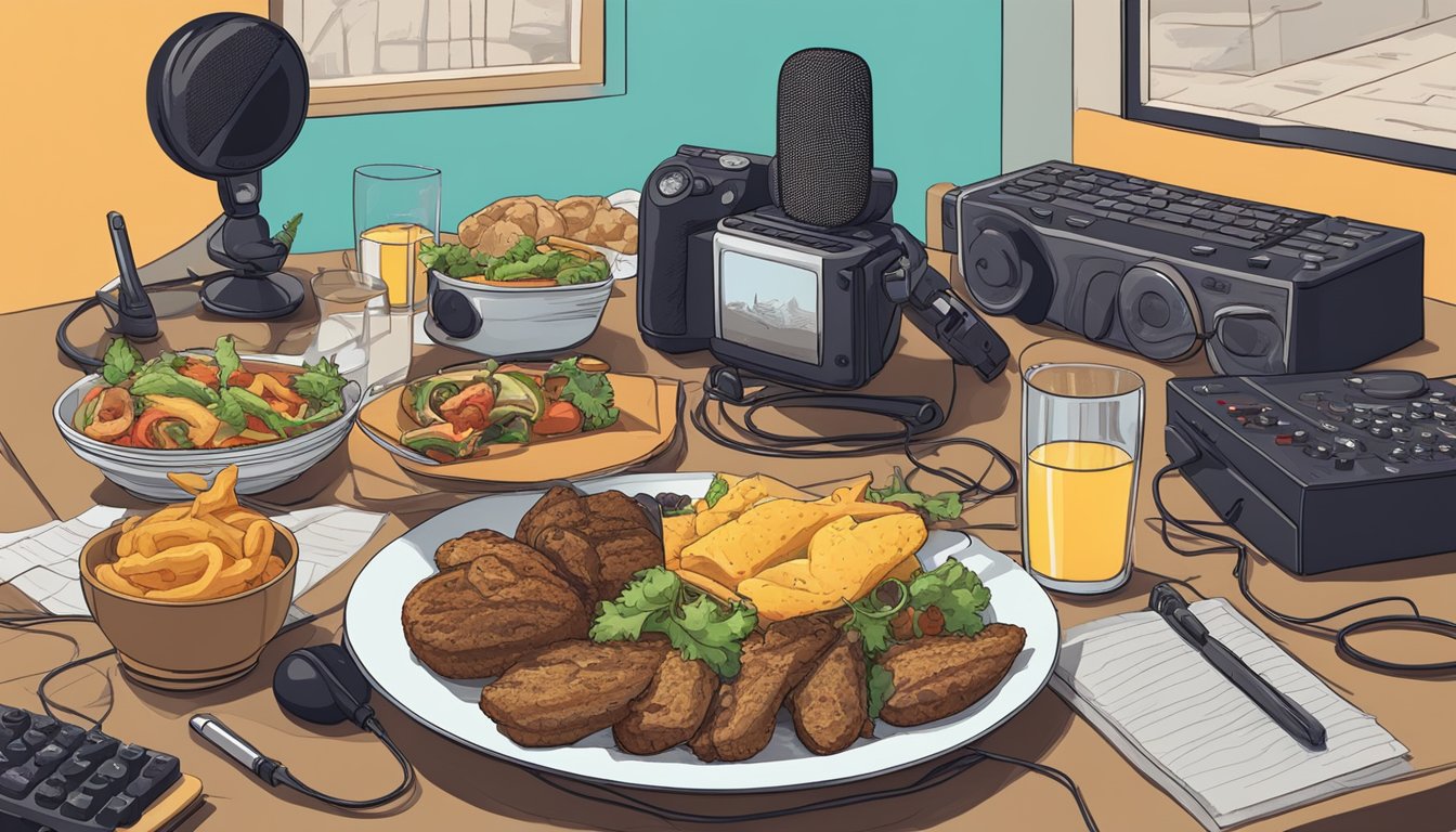 A table spread with Texan food and a microphone surrounded by podcast equipment