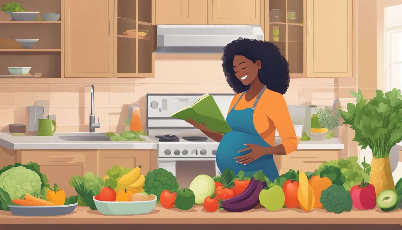 A pregnant woman in a kitchen, surrounded by fresh fruits, vegetables, and whole grains. She is reading a book about the Pritikin diet while smiling and preparing a healthy meal